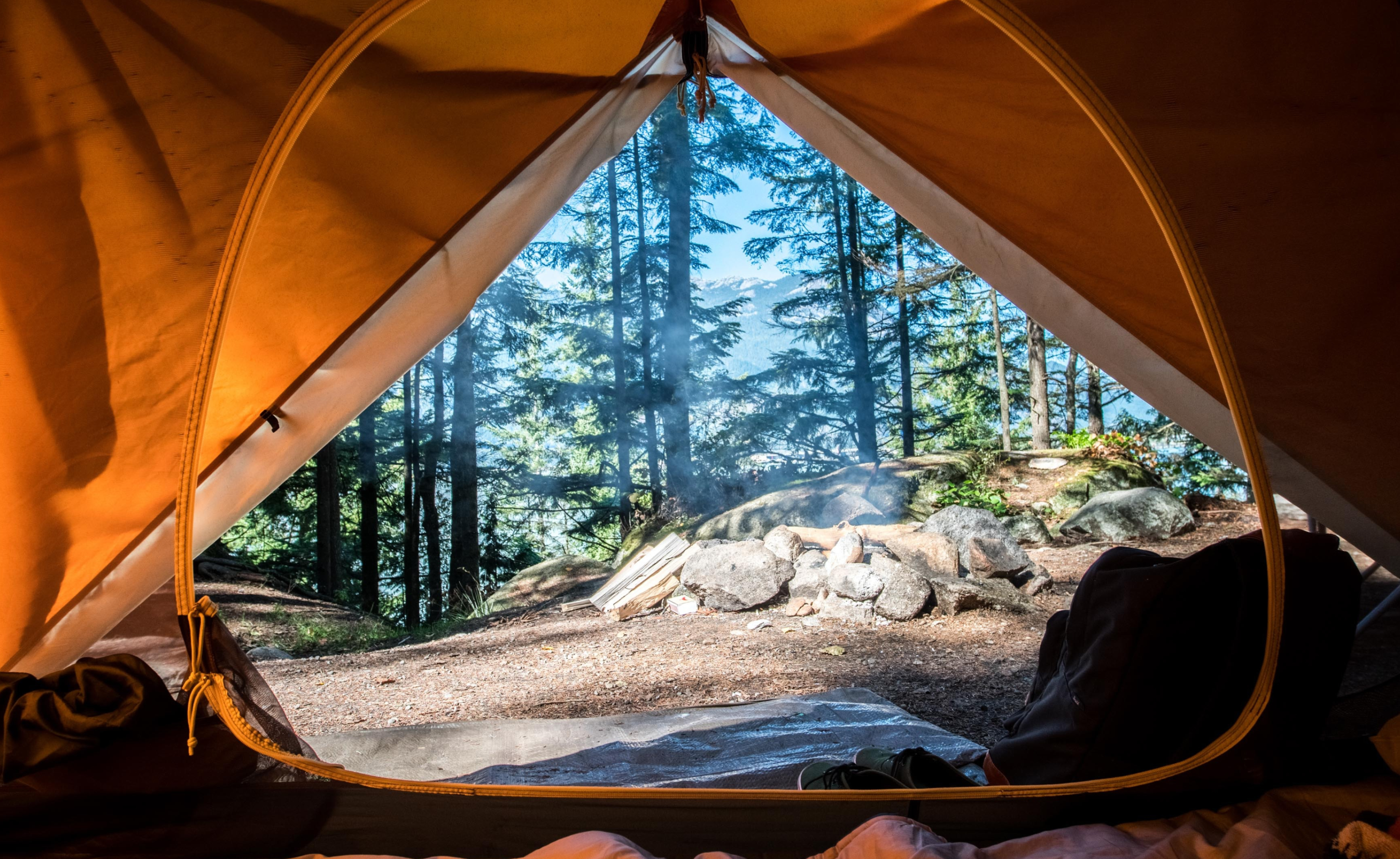 An image captured from within a tent, showcasing a scenic forest view with lush trees and rocky terrain all around.